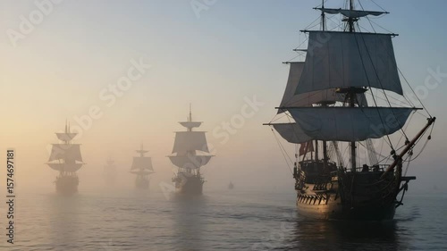 Early 18th-century Russian sailing fleet gliding across calm waters at sunrise, atmospheric cinematic view with fog and warm light, historical naval scene