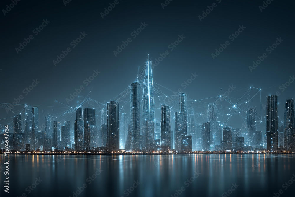 Fototapeta premium A futuristic cityscape at night, glowing with blue neon lights and digital data overlays. 