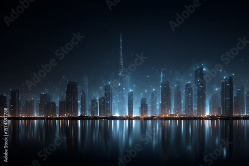 A futuristic cityscape at night, glowing with blue neon lights and digital data overlays. 