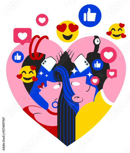 lovers taking a photo in their hearts with web and social network icons