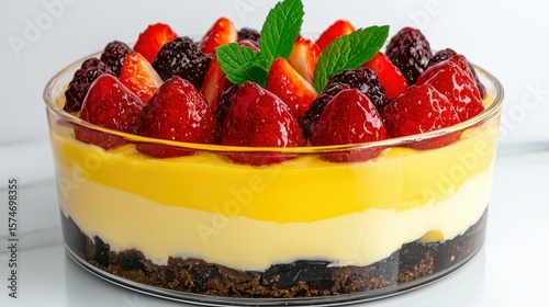 Layered Strawberry Blackberry Custard Dessert in Glass Bowl