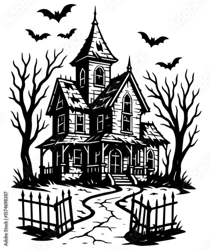 Halloween haunted house silhouette, black-and-white vector illustration