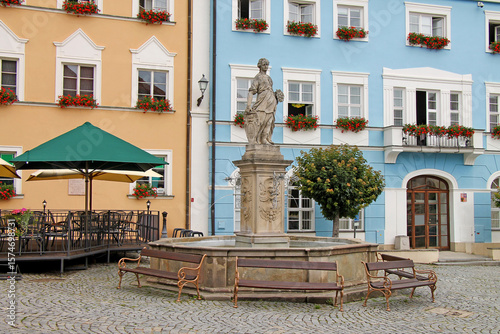Close-up of fountain in city square in Mikulov, South Moravian Region of the Czech Republic. Popular touristic destination. 
