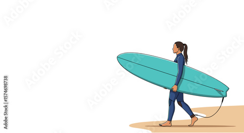 Woman in wetsuit walking with surfboard on beach illustration