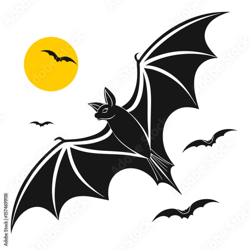 Halloween Bat Silhouette with Moon – Black Flying Bats Vector Illustration