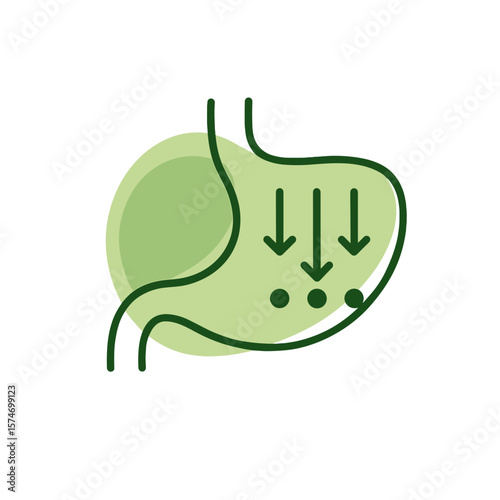 Stomach with nutrient absorption icons in green minimalist style