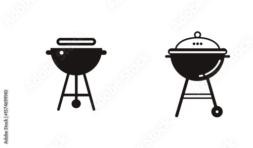 Simple black icons of barbecue grills with hot dog and lid