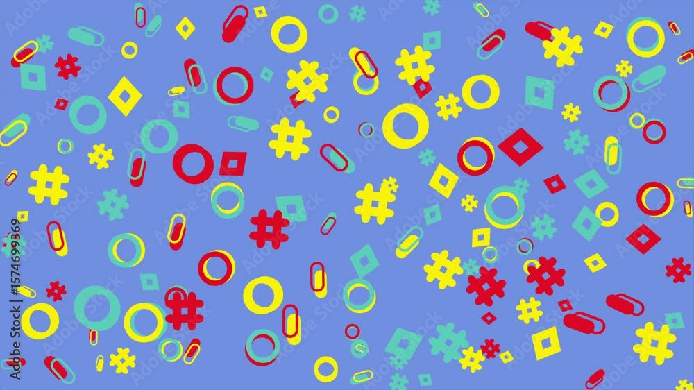 Colorful abstract shapes and hashtags on a blue background. Abstract seamless memphis loop video background.