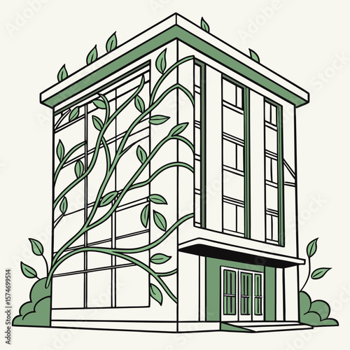 Illustration of a modern building facade covered in vines and greenery with clean line details and green accents