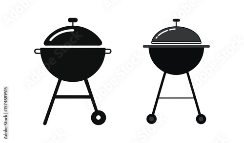 Two black kettle grills with lids and legs isolated on white background