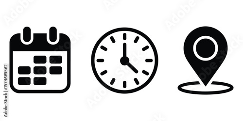 Calendar Clock and Location Pin Icons in Black on White Background