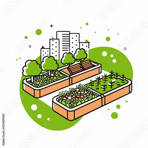 Urban Garden Illustrating Sustainable Practices in a Cityscape for Environmental Consciousness Blogs, Urban Farming Websites, and Gardening Awareness Campaigns  