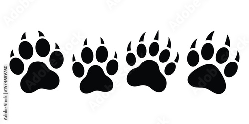 Claw Footprint Marks Four Black Animal Paw Prints with Claws on White