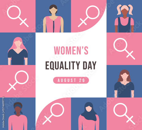 Women's Equality Day poster template. Minimalist geometric pattern for banner cover card. Girl power concept. 26 August. Flat style. Diversity.