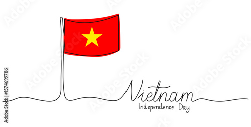 Vietnam Independence Day one line hand drawn lettering. Vietnamese National holiday celebrated on September 2 text banner. Vector template for typography poster, greeting card, flyer. Editable stroke