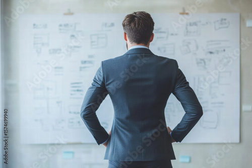 A man in a suit stands in front of a white board with a lot of writing on it