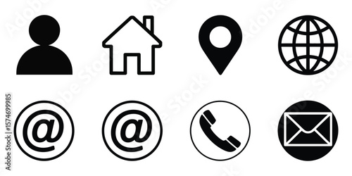 Contact Information Icons, User, Home, Pin Pointer, Globe, Phone and Email, Isolated