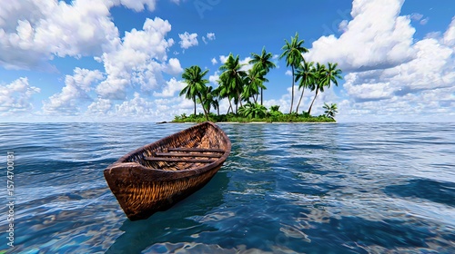 Island Scene with Old Boat Clear Waters Tropical Trees and Blue Sky on a Sunny Day