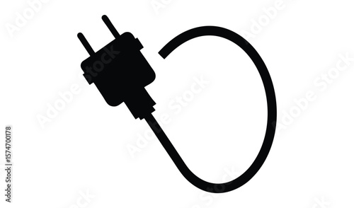 Black silhouette of an electrical plug with a curved power cord on white background