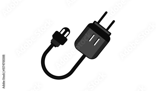 Black electrical plug and socket with a flexible cord on a white background