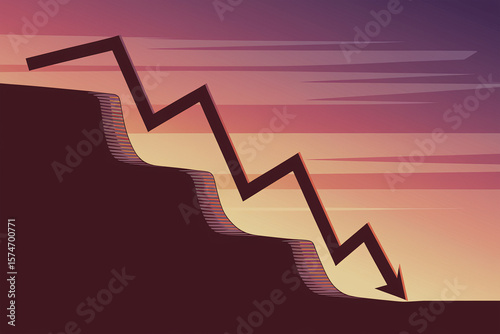 Dark red arrow crashing downward. Symbol of stock market collapse, financial crisis, and economic downturn