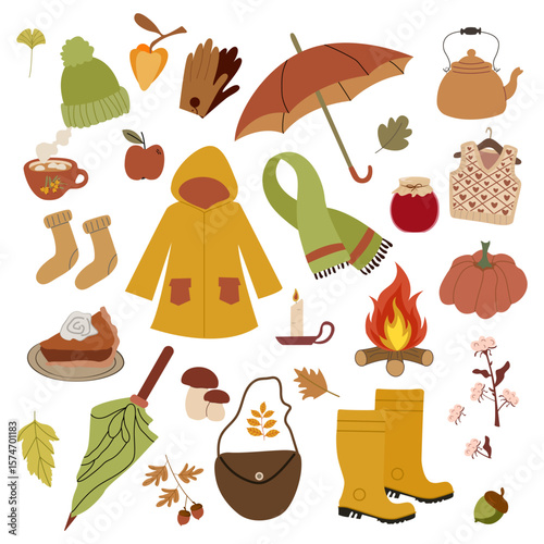 A set of autumn clothes and things to wear. Yellow mackintosh and boots, green cosy hat, tea kettle and cake. Vector illustration for autumn designs.