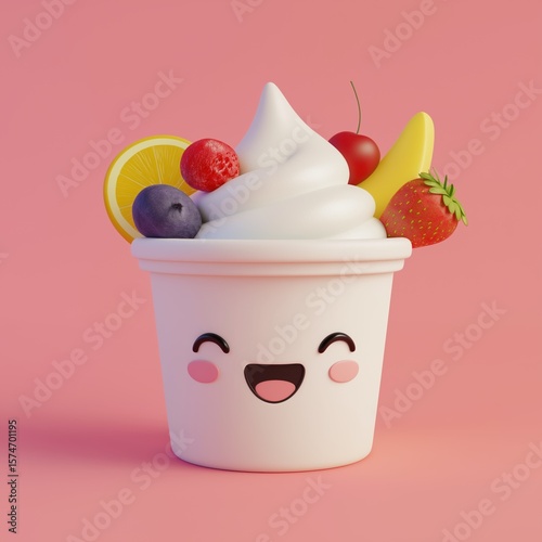 Cute Smiling Frozen Yogurt Cup With Fruits on Pink Background