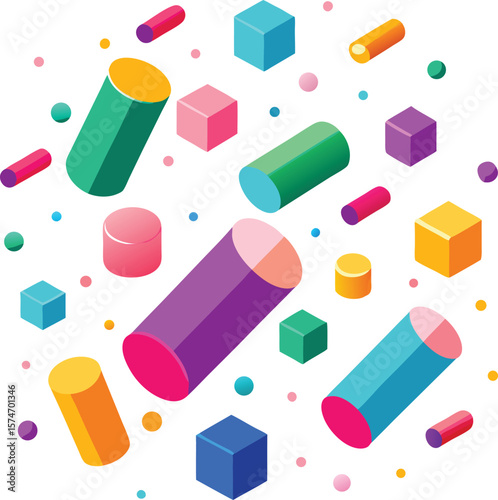 Colorful isometric geometric shapes floating on white background