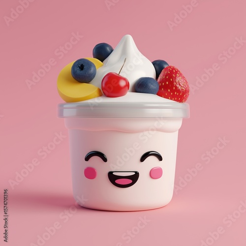 Cute Smiling Frozen Yogurt Cup With Fruits on Pink Background