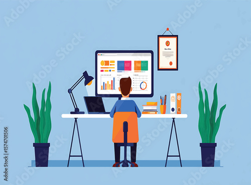 Data Analyst at Work Analyzing Charts and Graphs on Desktop Computer