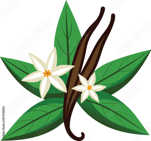 Vanilla beans and flowers with green leaves