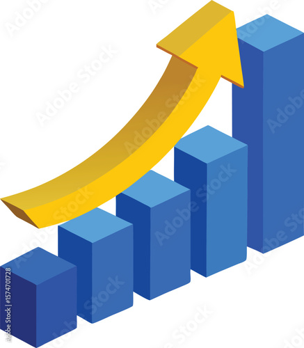 Isometric bar chart showing upward trend with golden arrow