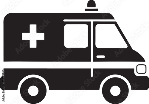 Black silhouette of an ambulance with a white cross isolated on white background