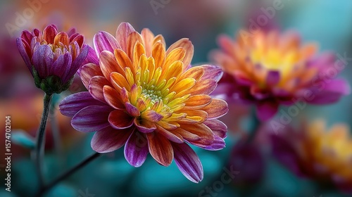 Vibrant flowers with intricate petals, showcasing a blend of orange, purple, and yellow hues against a soft-focus background.