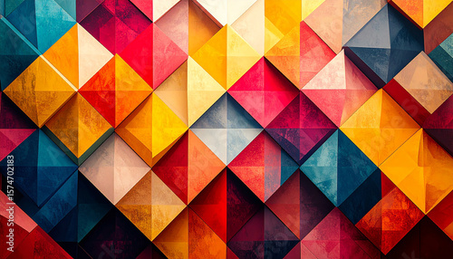 Abstract geometric pattern featuring colorful triangles arranged in a mosaic-like design.