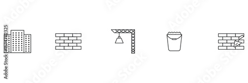 Building construction bricklayer tools material scaffold bucket structure icon set vector illustration for civil engineering industry project site work.