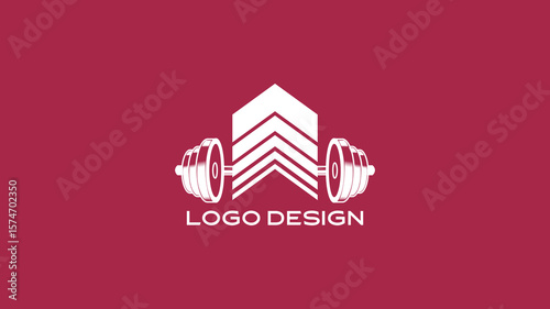 Creative gym logo with dumbbells and building silhouette symbolizing fitness center, sports gym, or body strength club