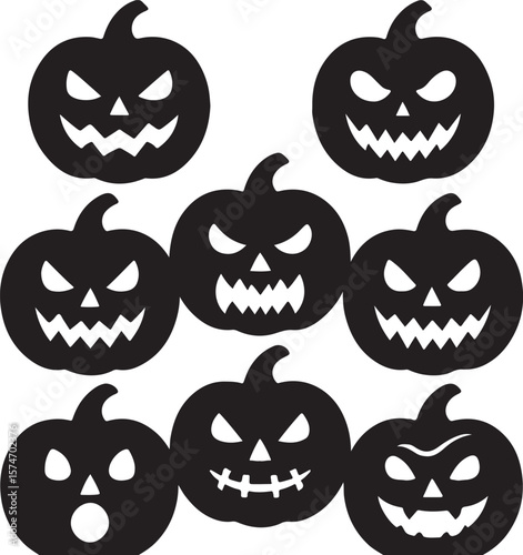 Spooky Halloween Pumpkin Faces  A Collection of  Black and White Jack-o'-Lantern Illustrations