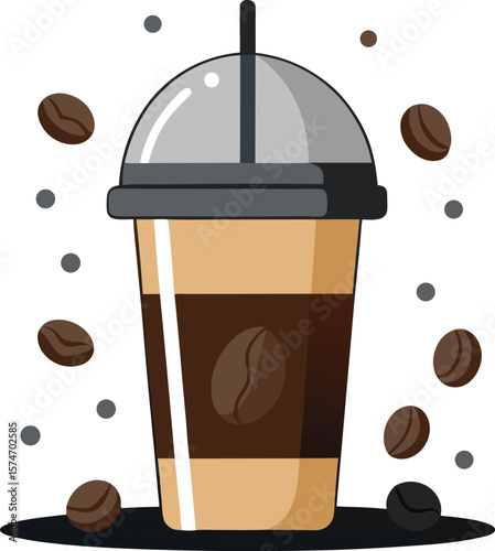 Stylized iced coffee cup with coffee beans