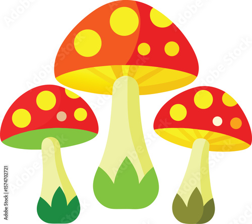 Three stylized red and yellow spotted mushrooms
