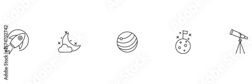 Rocket flying moon planet discovery surface landing telescope observation astronomy space exploration science galaxy orbit icon vector illustration.