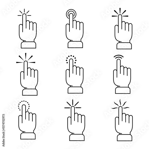 Set of Hand Cursor Click Icons. Touch and Tap Gestures Collection Vector Illustration. Different touch and tap gestures commonly used in digital interfaces.