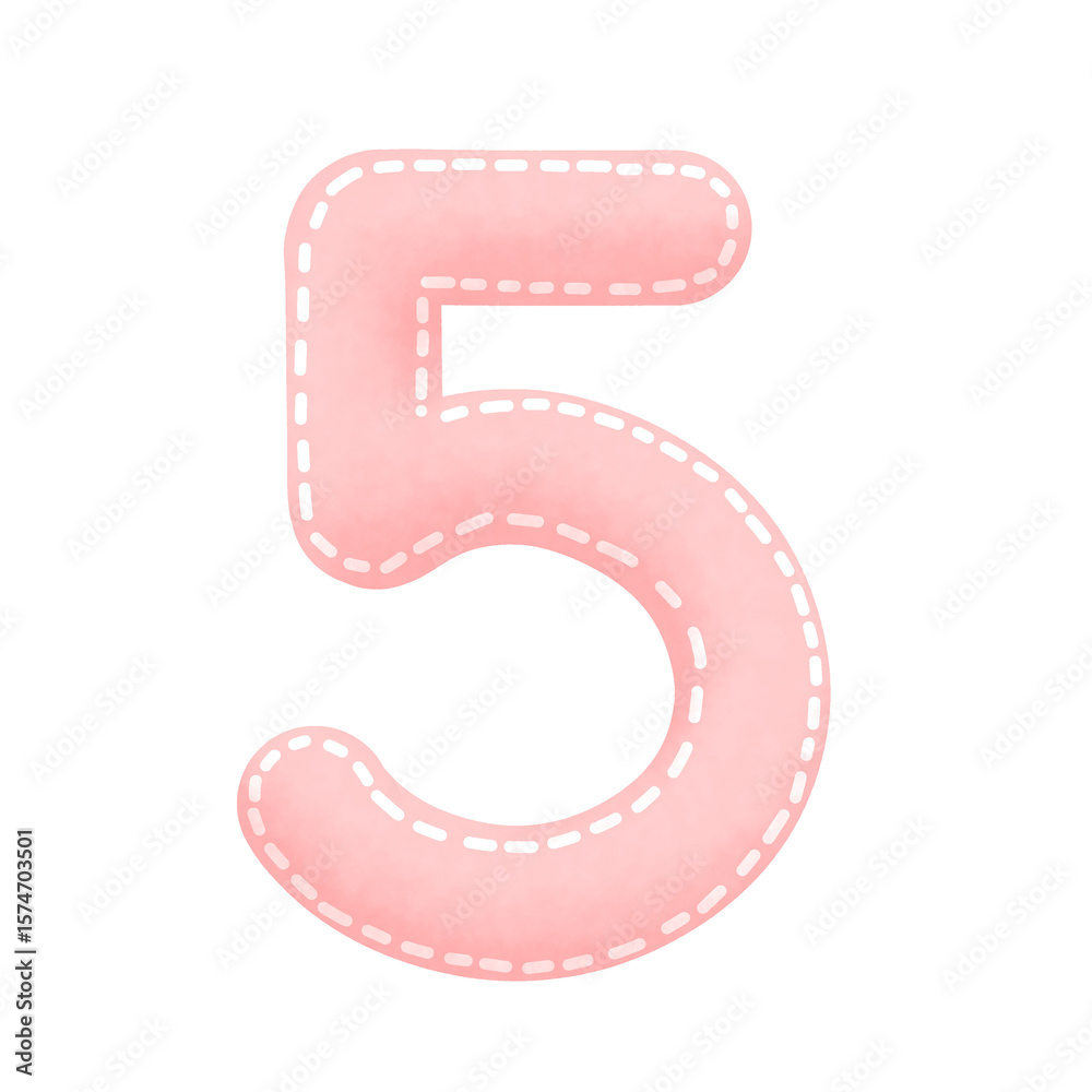 Fototapeta premium Number Five: Pastel Pink, Stitched Edge, Soft Texture, Isolated.