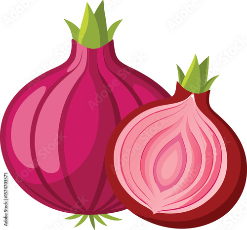 Two red onions one halved isolated on white background