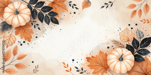 Creating a festive halloween frame with pumpkins, colorful autumn leaves, and delicate branches against a textured beige backdrop, offering ample copy space for holiday greetings