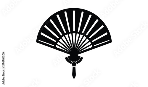 Elegant black folding fan with decorative tassel on white background