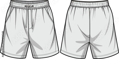  Casual Drawstring Shorts CAD Drawing Flat Vector Illustration with Elastic Waistband and Side Pockets for Fashion Design