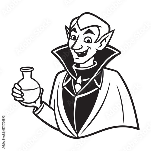 Illustration of a vampire character holding a glowing potion bottle