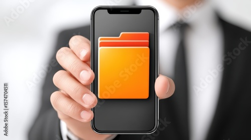 Businessman in suit reviews digital document on phone, mobile productivity and communication in the modern workplace