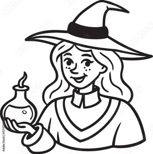 Whimsical witch brewing a mystical potion in a cauldron illustration